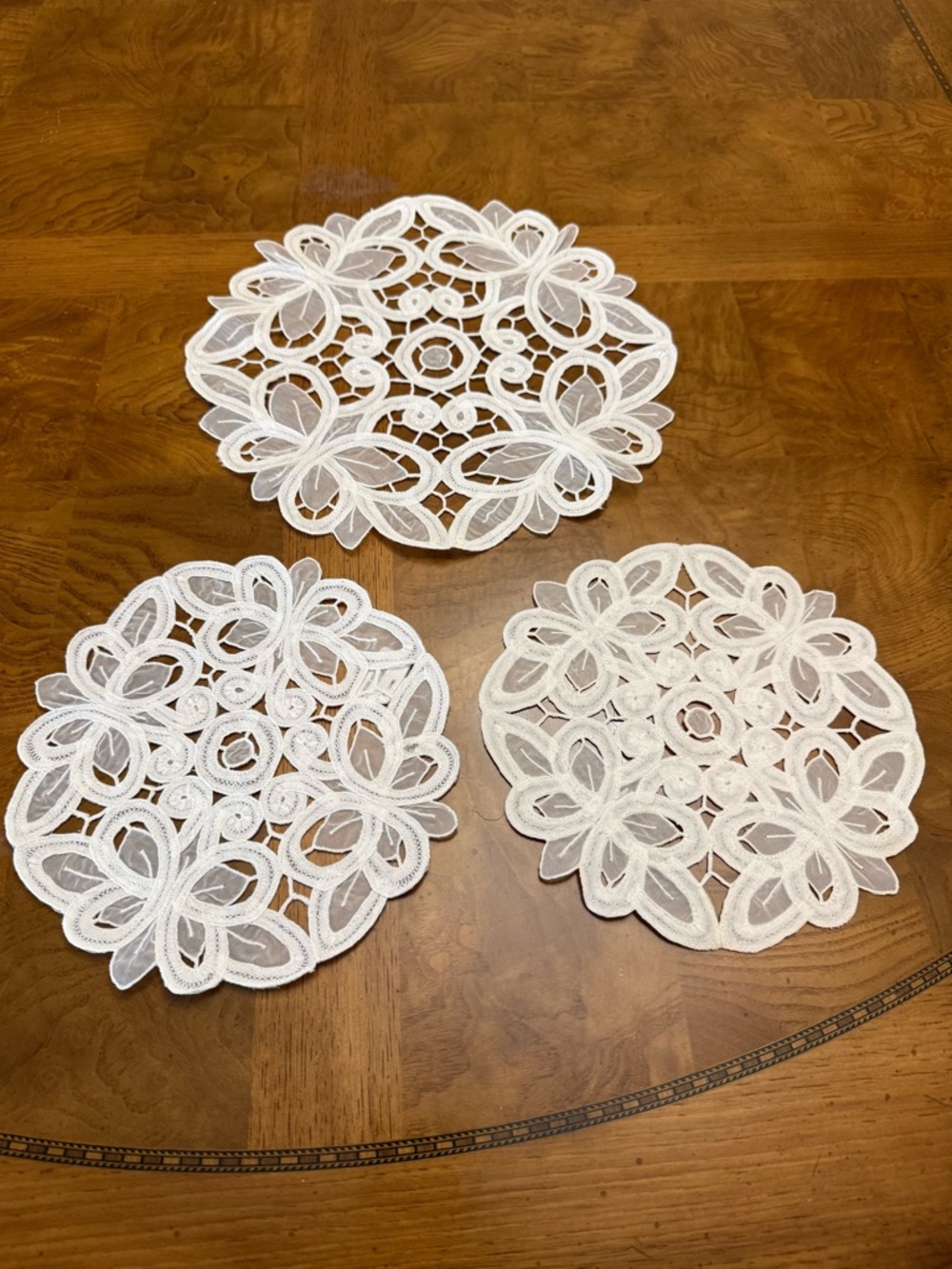 Set of 3 White Embroidered cut work Lace Doilies